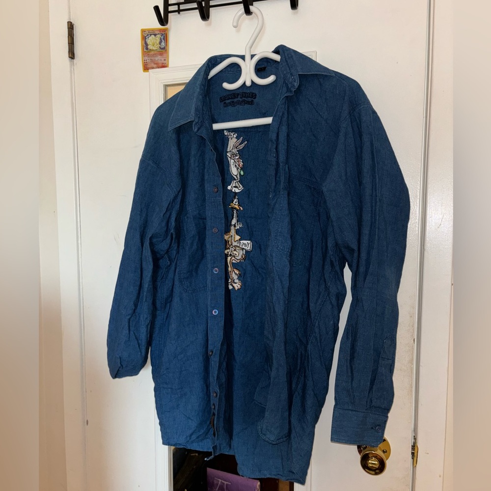 Blue Looney Tunes Embroidered Button Up